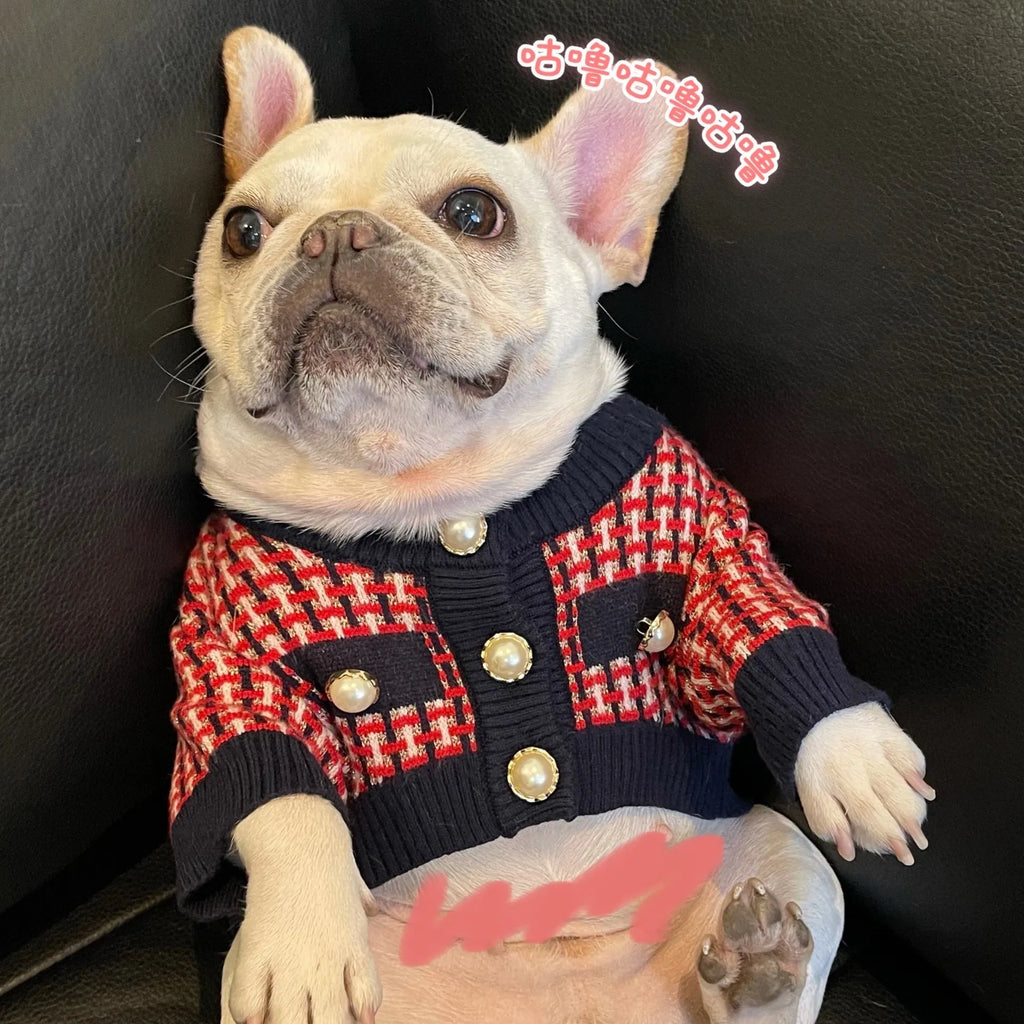 Red wool dog sweater with cute print for winter, available in sizes S to XXL