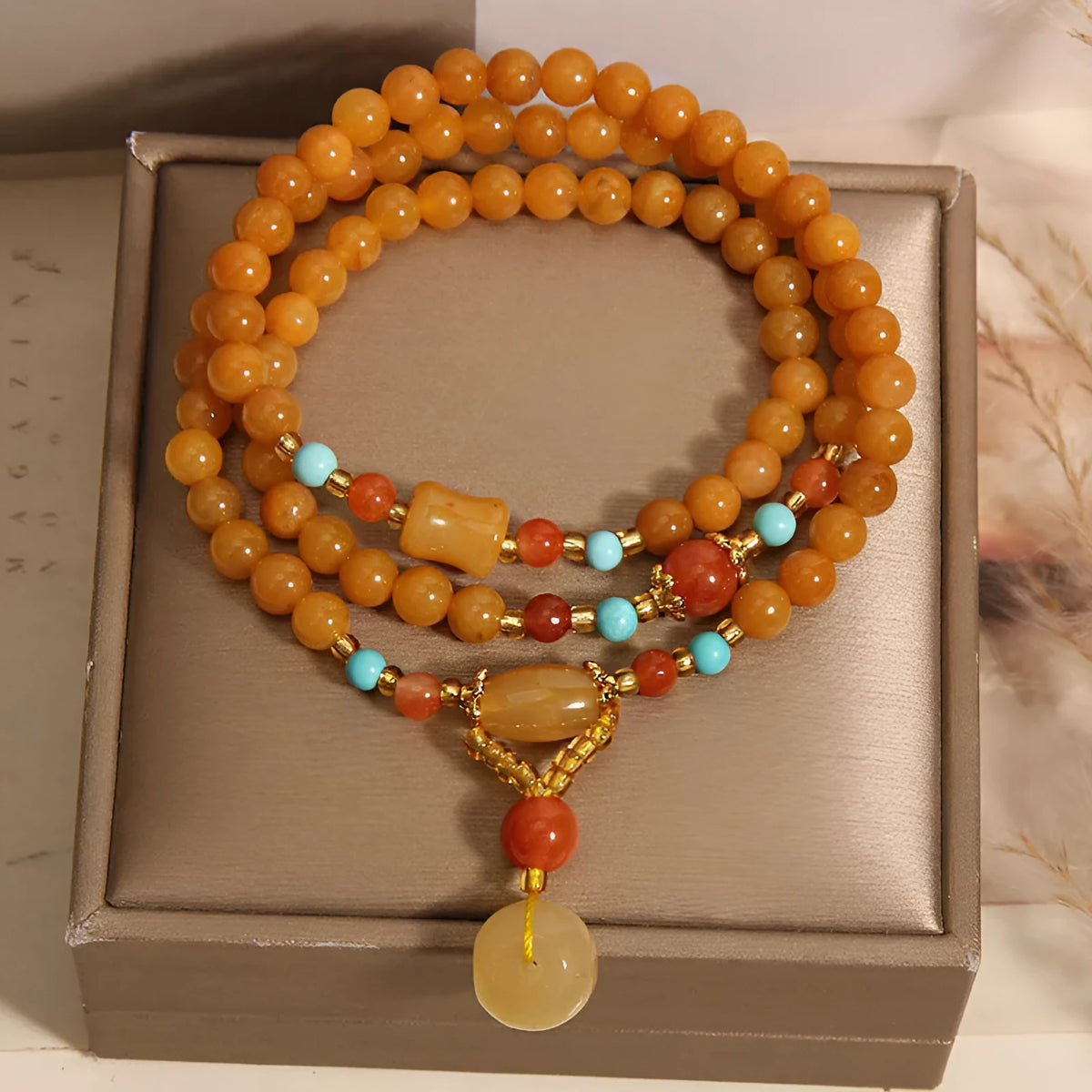 3-layer jade beaded bracelet phone pendant for women with gold-wire safety buckle and colourful beads