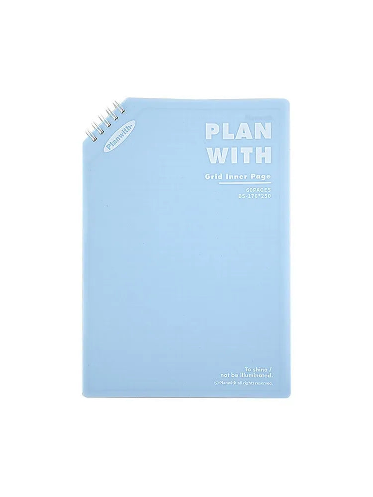 A5 horizontal softcover notebook with plain pages, shown in white and plaid blue cover options.