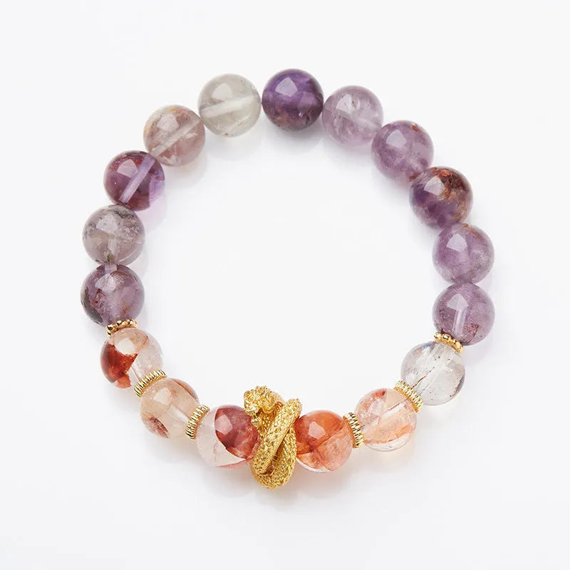 Purple crystal bracelet with 10mm beads featuring Nine Purple Good Luck design and animal zodiac motifs