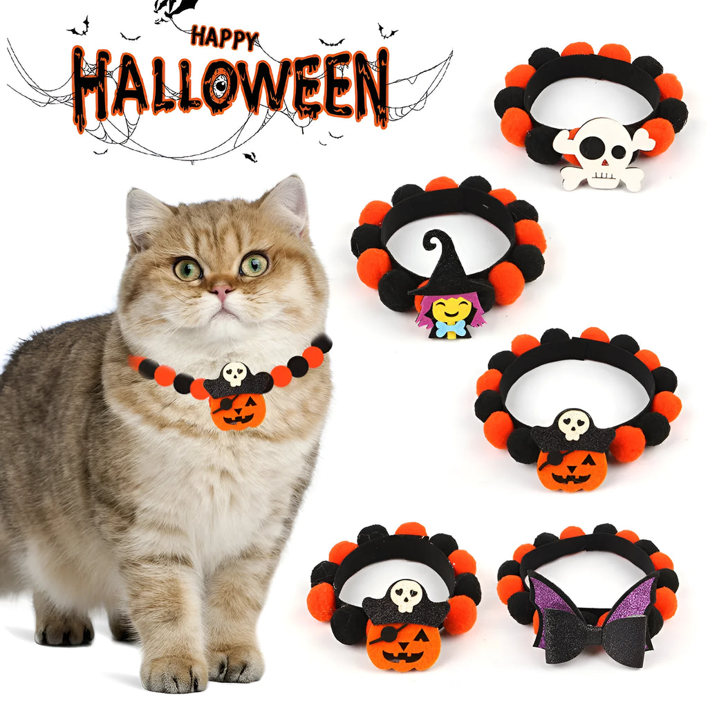 Halloween pet fur ball collar with pumpkin pirate skull witch decorations in S M L sizes