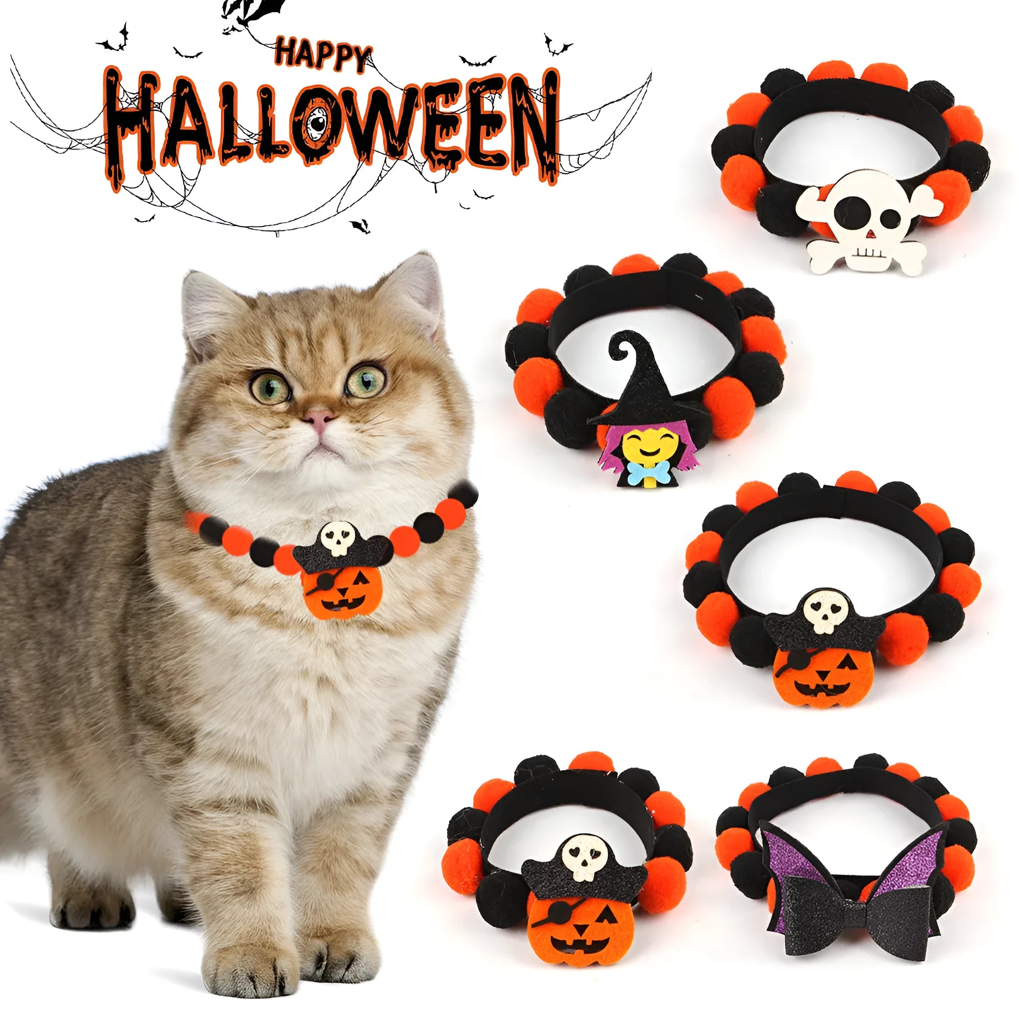 Halloween pet fur ball collar with pumpkin pirate skull witch decorations in S M L sizes