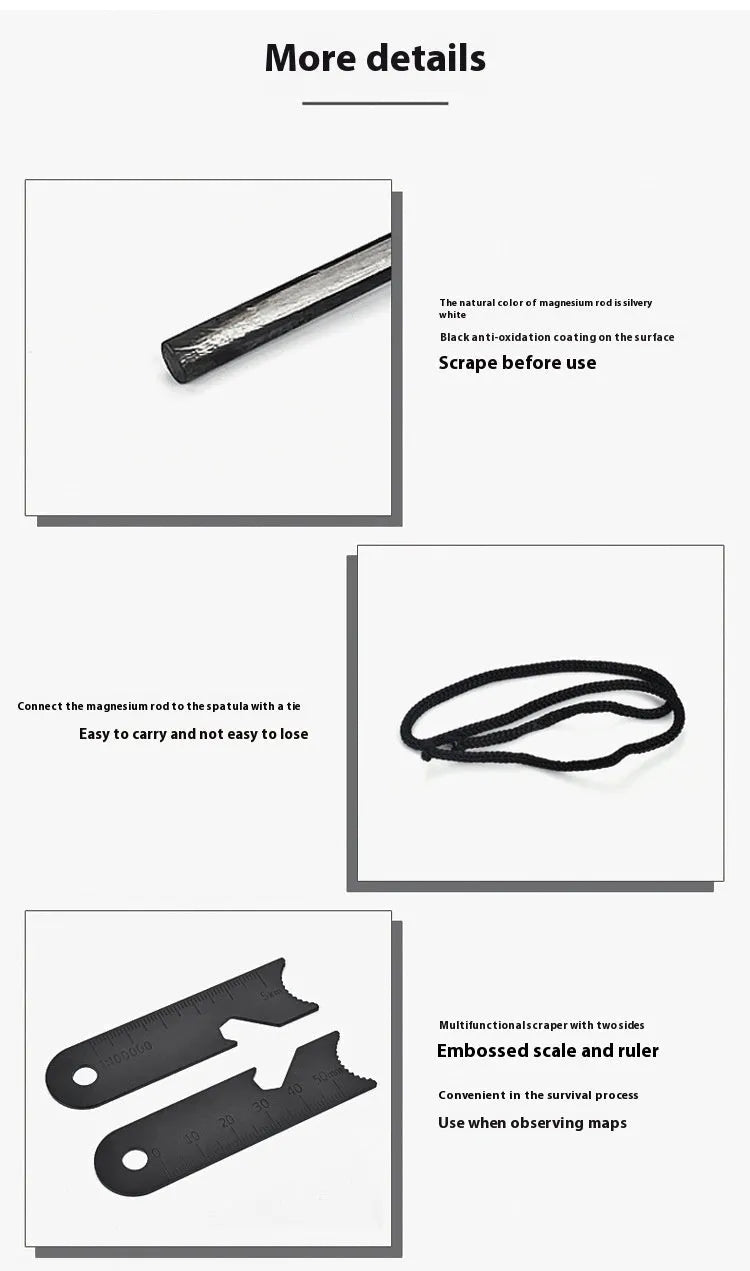 Black outdoor multifunctional survival flint with magnesium rod and stainless steel scraper tool.