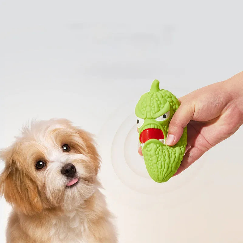 Bitter gourd or chili shaped dog chew toy with textured surface for teeth cleaning