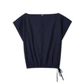 Women's linen-blend co-ord set featuring an off-neck top with flounced sleeves and wide-leg trousers.