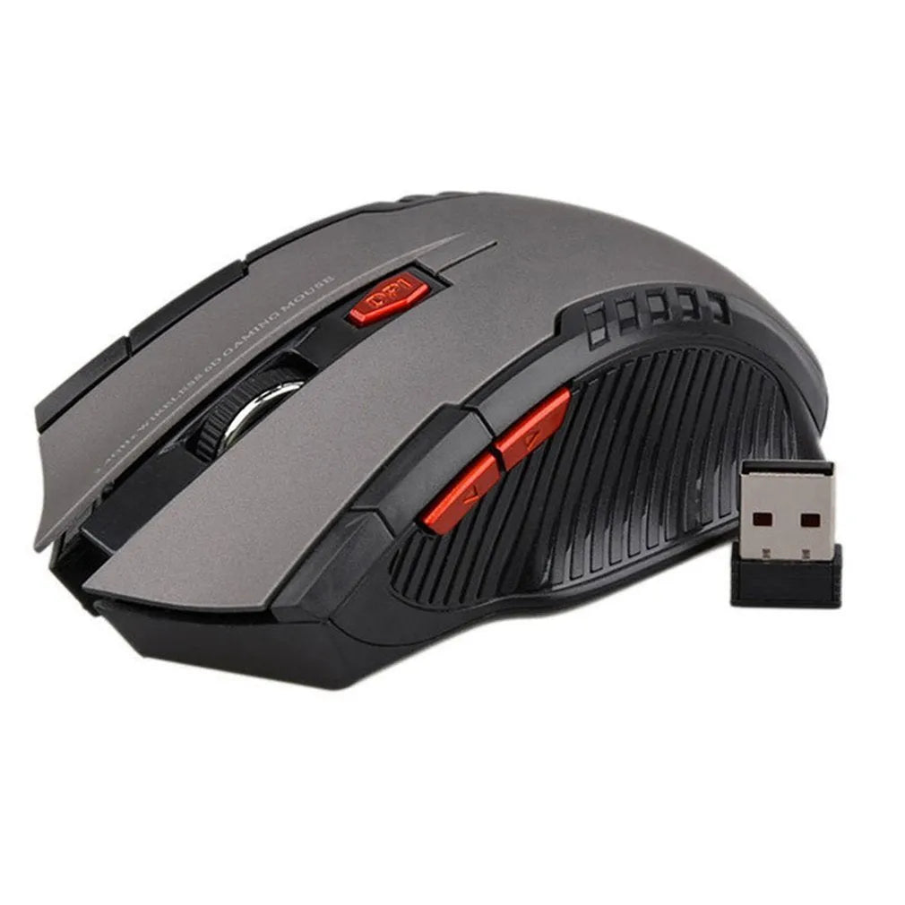 2.4G optical wireless mouse with 1000dpi sensor, six buttons, and four-way roller in black colour