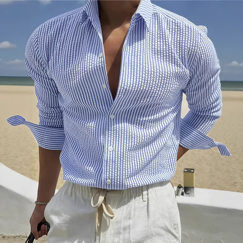 Men's striped cardigan lapel long sleeve shirt in polyester available in nine colour options