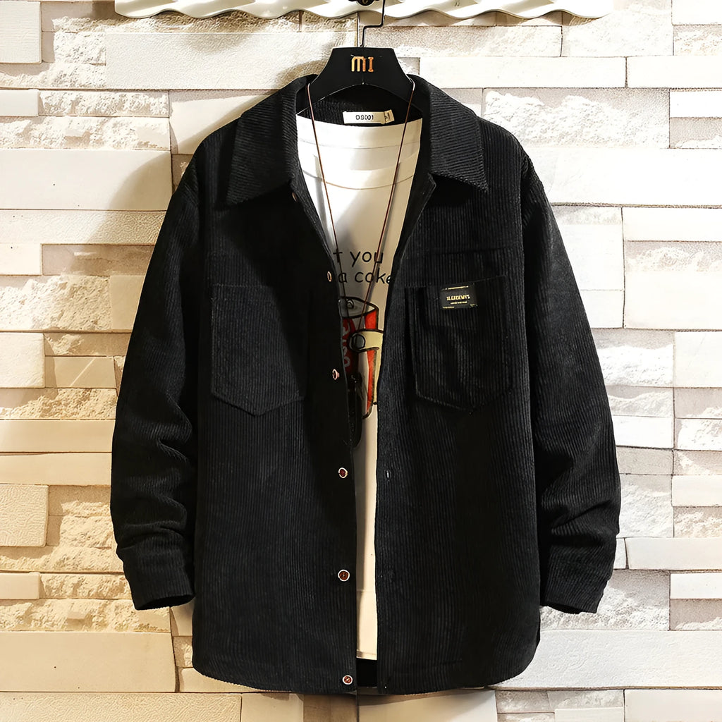 Men's corduroy long sleeve lapel shirt in black, loose fit, 100% polyester, front view
