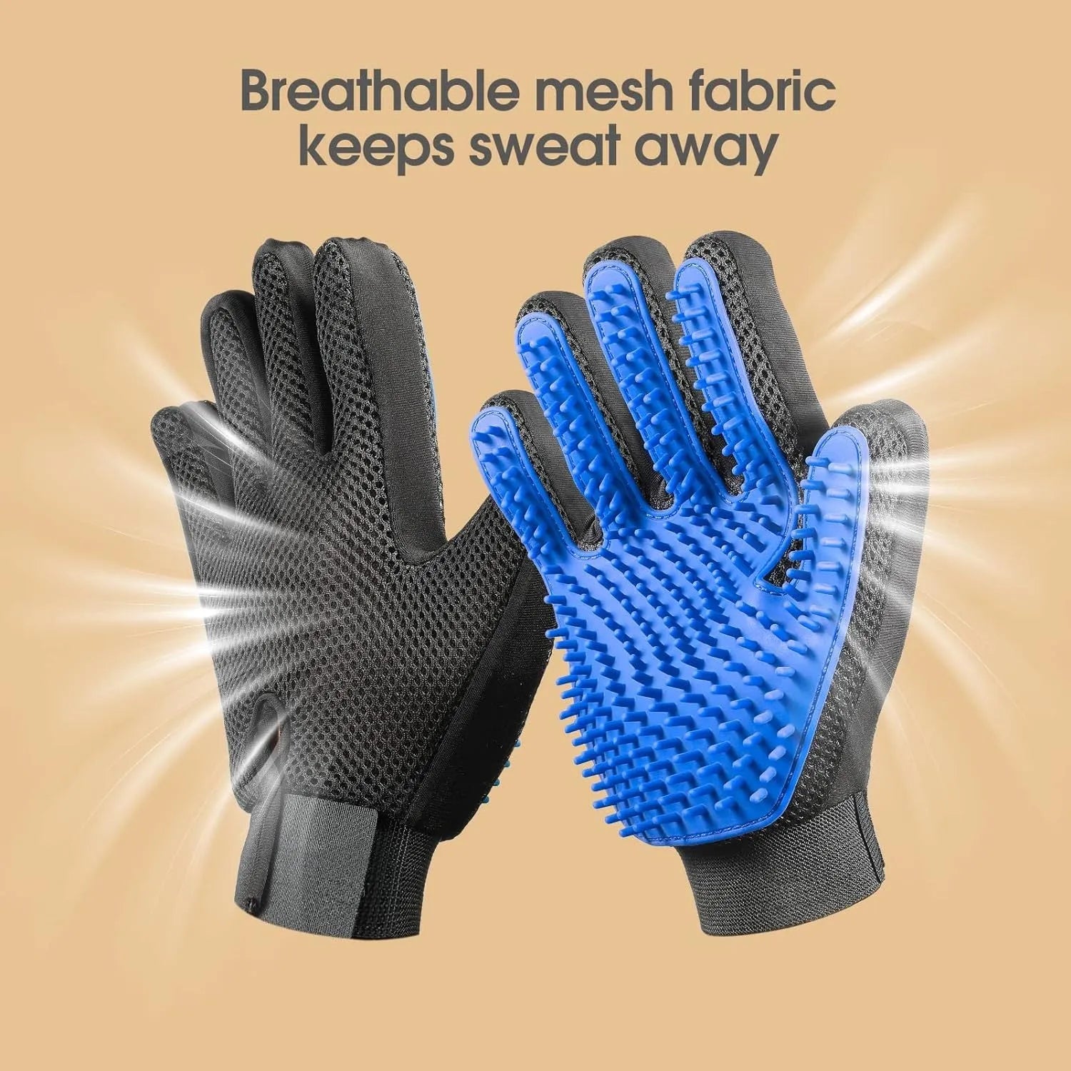 Blue pet grooming gloves with silicone grooming tips for dogs cats and horses
