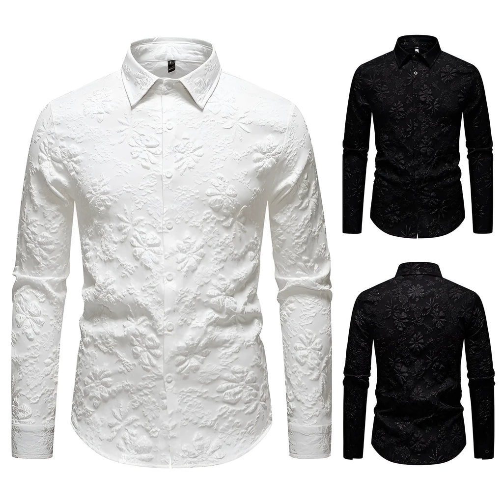 Men's floral jacquard long sleeve shirt, loose-fit cardigan style, solid colour in black, side view