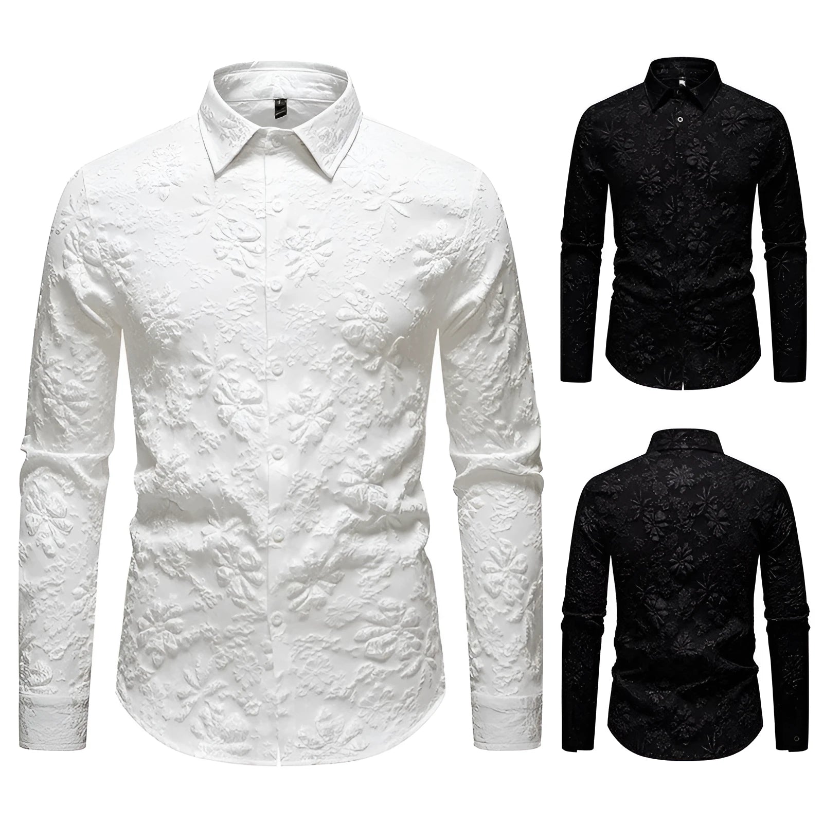 Men's floral jacquard long sleeve shirt, loose-fit cardigan style, solid colour in black, side view