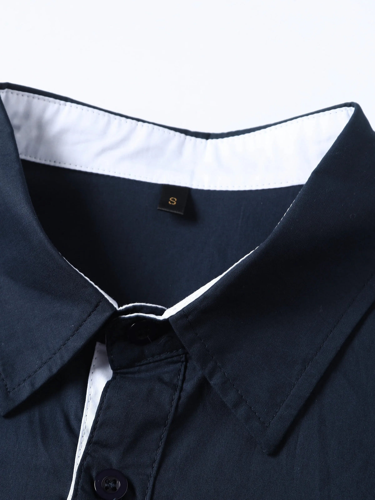 Men's navy blue long-sleeved casual shirt with contrasting colours and button-down front, sizes S to XXXL.