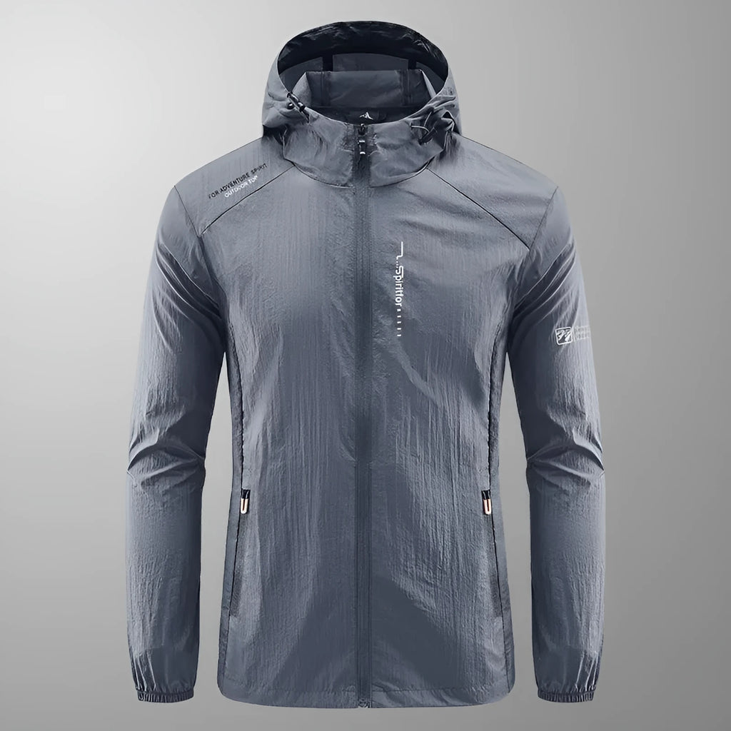 Men's light grey hooded nylon summer jacket with loose fit for sun protection