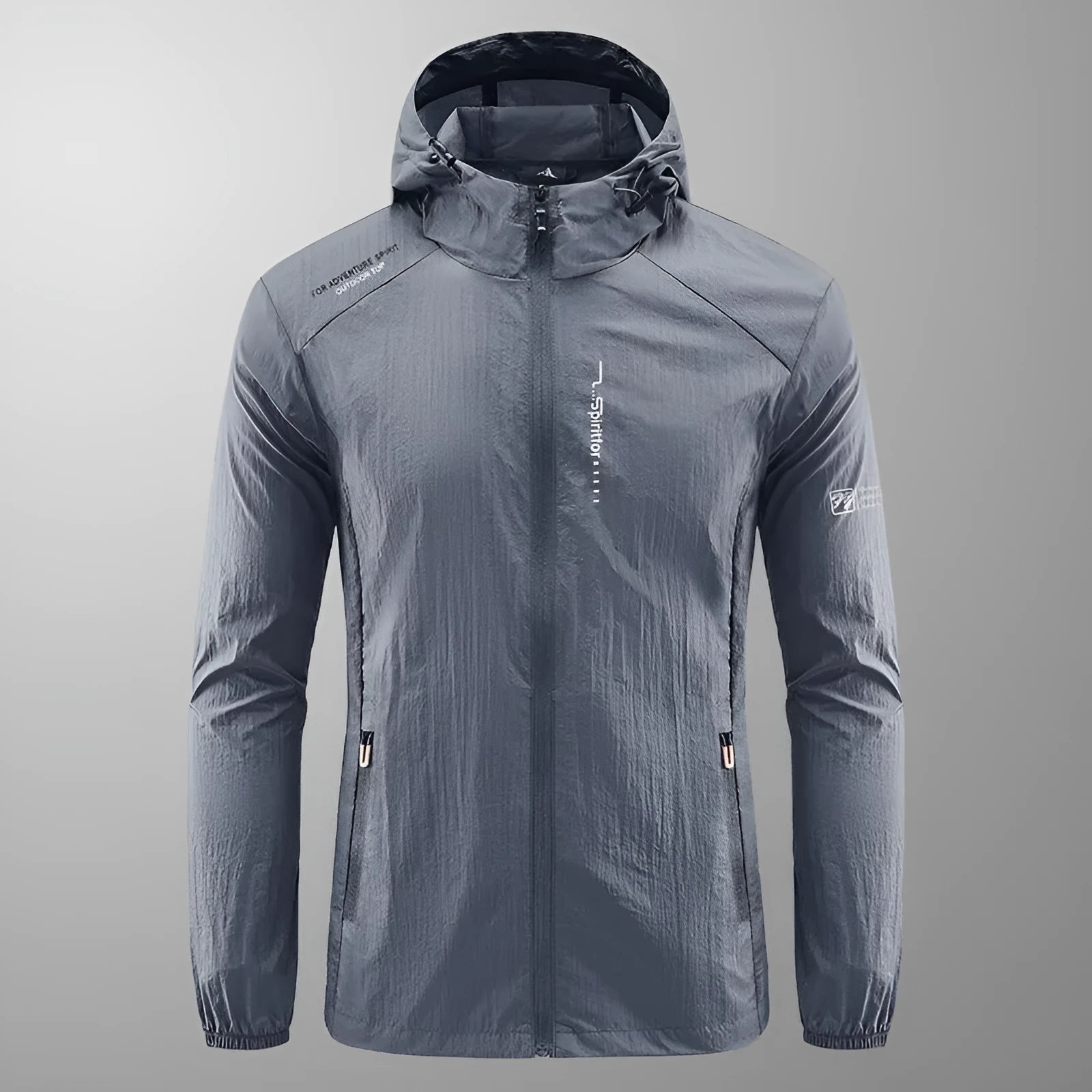Men's light grey hooded nylon summer jacket with loose fit for sun protection