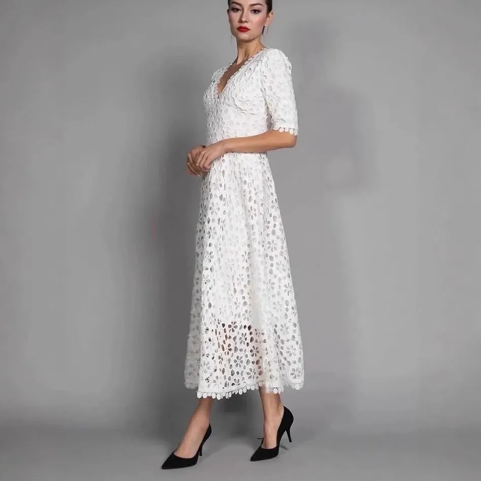 White lace long dress with V-neck design and hollow-out details for women