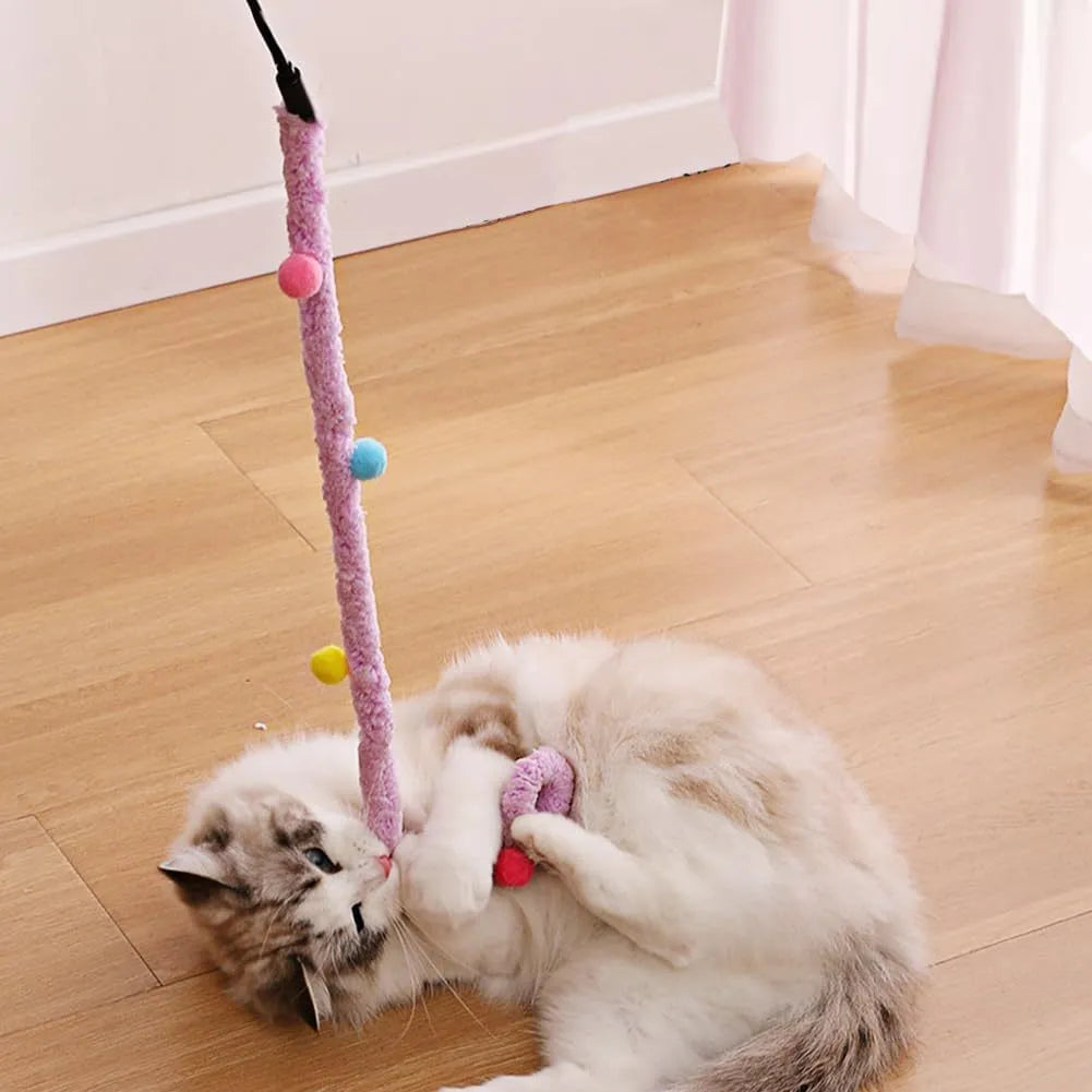 Blue interactive cat wand toy with long plush strip and fluffy bell ball on a pole.