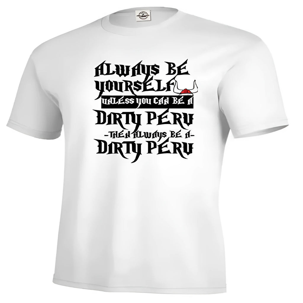Men's white short sleeve printed casual top on a hanger.
