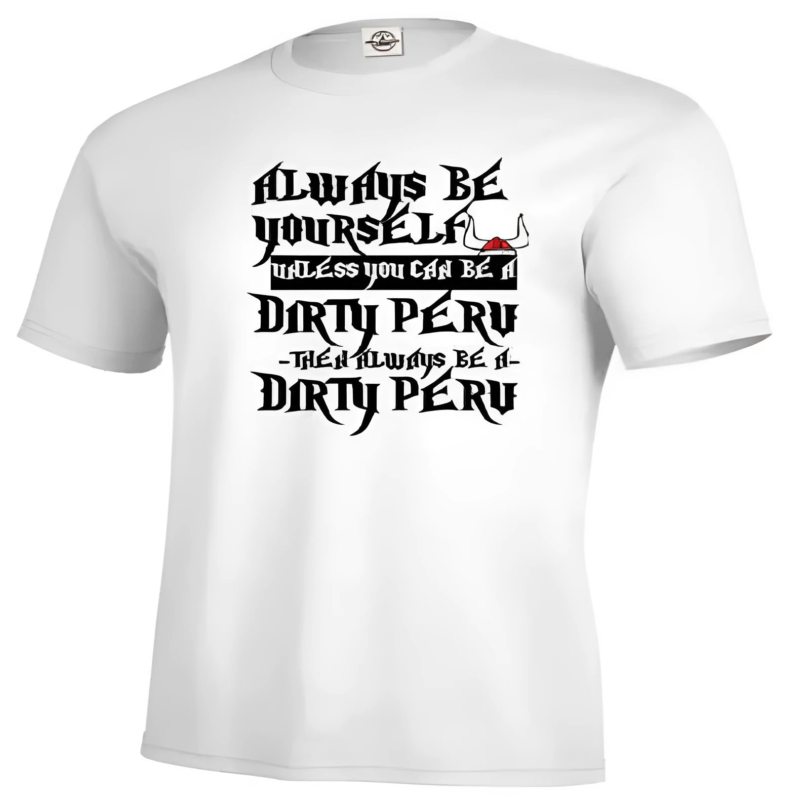 Men's white short sleeve printed casual top on a hanger.