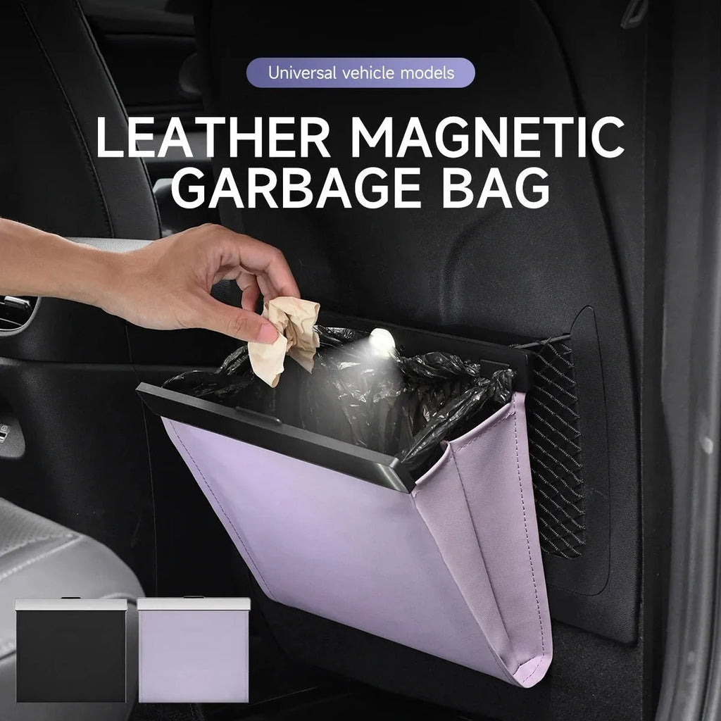 Leather car garbage bag with magnetic mount and LED lights, shown as a hanging vehicle storage bag.