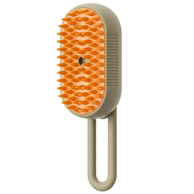 3-in-1 electric steam pet brush in milk brown with silicone bristles and ergonomic handle