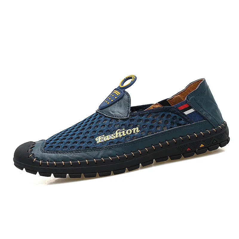 Men's casual mesh shoes with round toe and rubber sole in brown, dark blue, or dark green