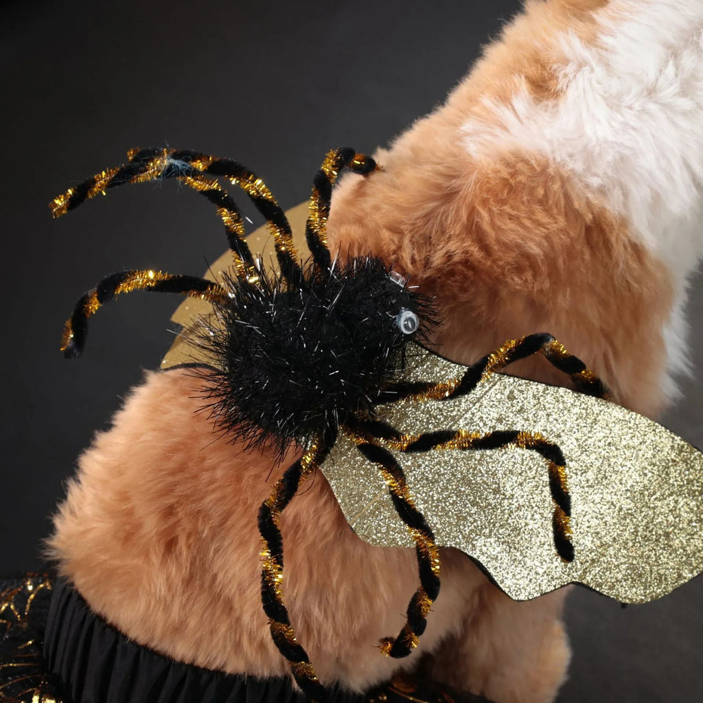 A brown polyester suit costume for a dog, shown on a pet, suitable for Halloween or parties.