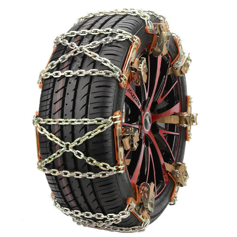 Car snow chain with steel chain, Oxford pad, and nylon strap, fitting 175-265 tyre sizes