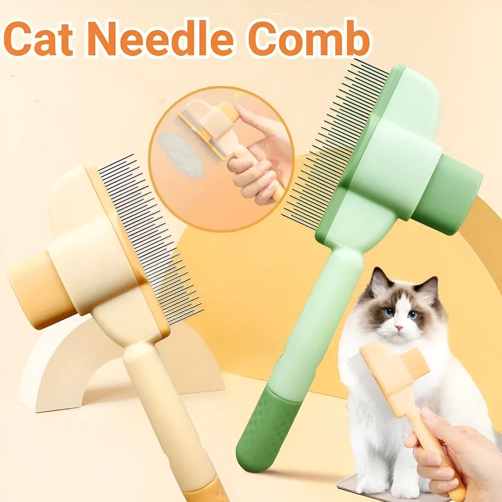 Yellow and green self-cleaning pet combs with stainless steel teeth and release buttons for dog and cat grooming