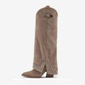Women's black frosted rivet pantyhose boot with a microfiber suede upper and rubber sole.