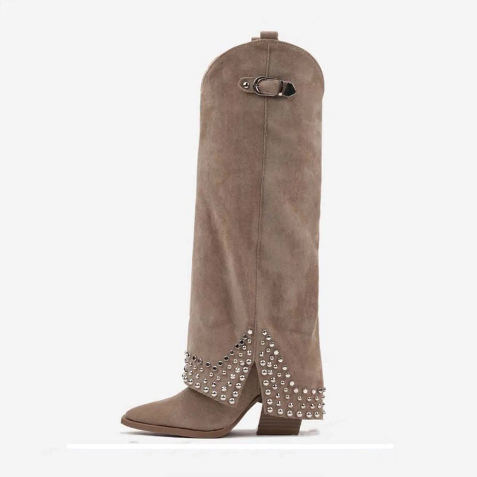 Women's black frosted rivet pantyhose boot with a microfiber suede upper and rubber sole.