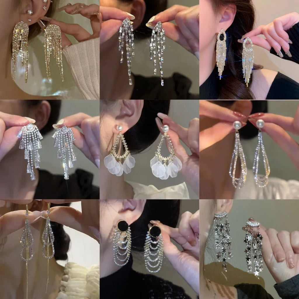 Light luxury tassel long earrings for women, geometric design, alloy with electroplated finish.