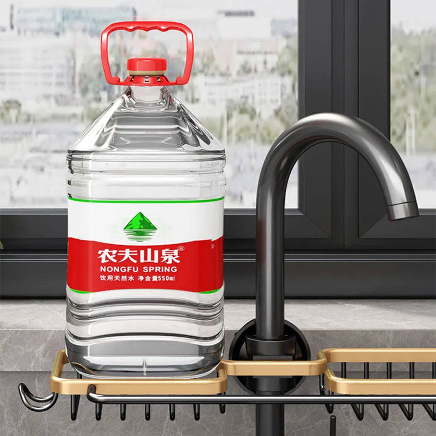 Silver aluminium kitchen faucet rack drain basket mounted on tap with double basket and towel bar