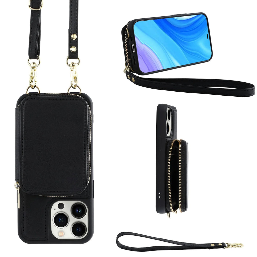 Black iPhone 14 Pro wallet case with zipper, card slots, and detachable crossbody lanyard on a wooden surface