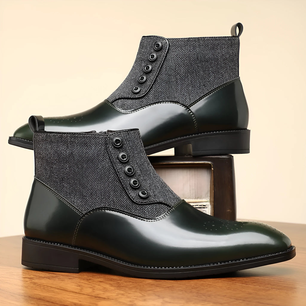 Men's brown retro formal business shoes with side zip and square toe.