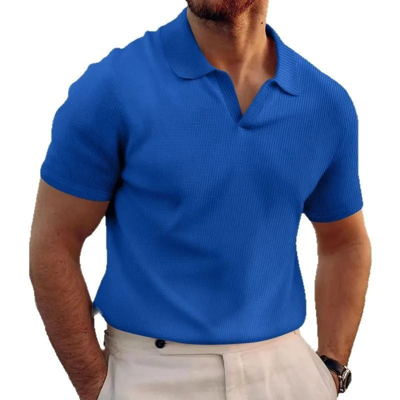 Men's slim fit t-shirt with textured waffle lapels in solid colour.