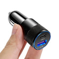 Aluminium alloy car charger in All Black and Black Silver colours with compact 2.5x6cm dimensions