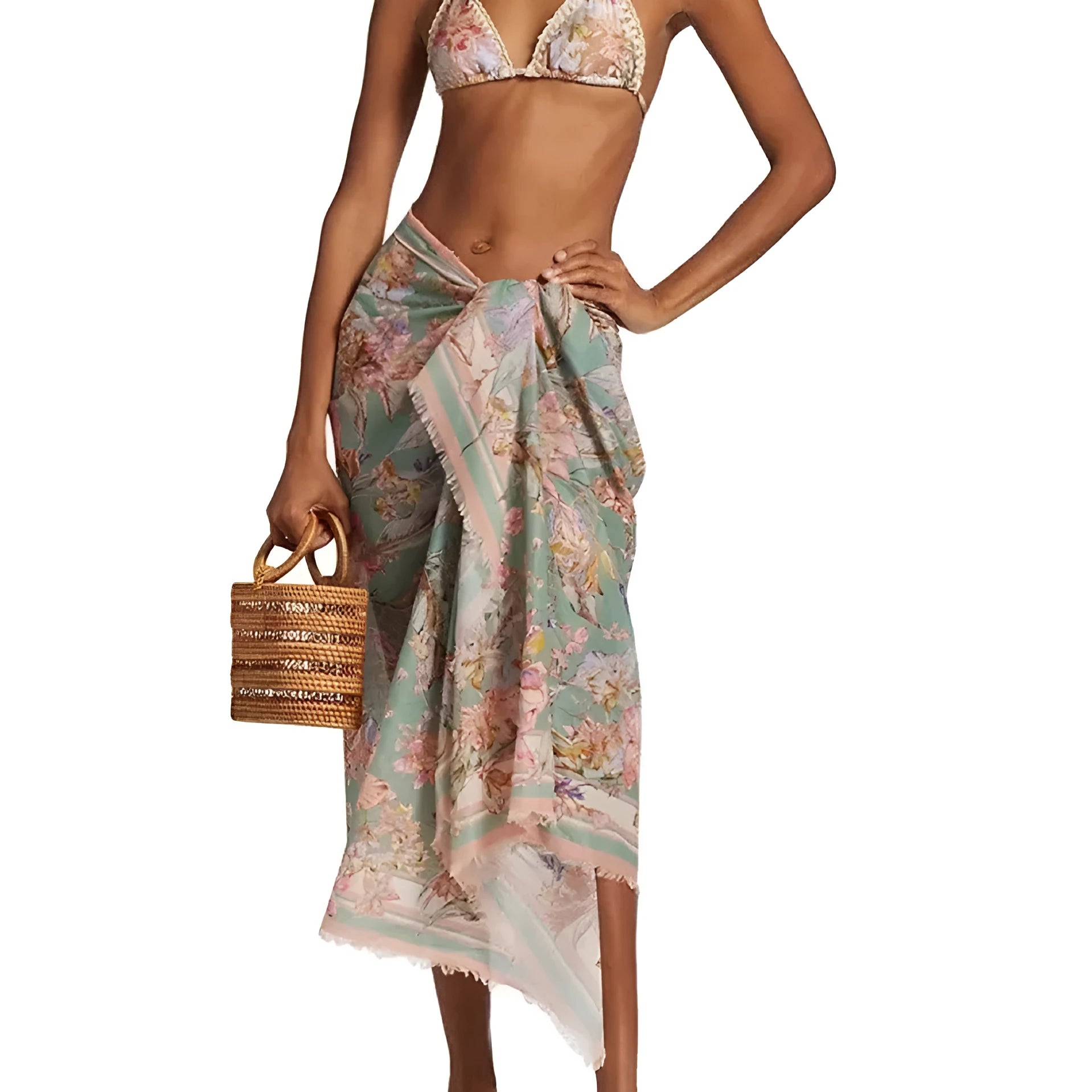 Women's creamy-white floral bikini set with matching skirt bottom
