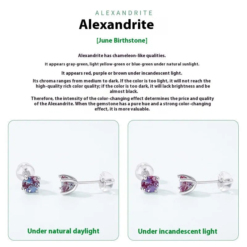 A pair of geometric 925 silver ear studs featuring a cultivated Alexandrite stone.