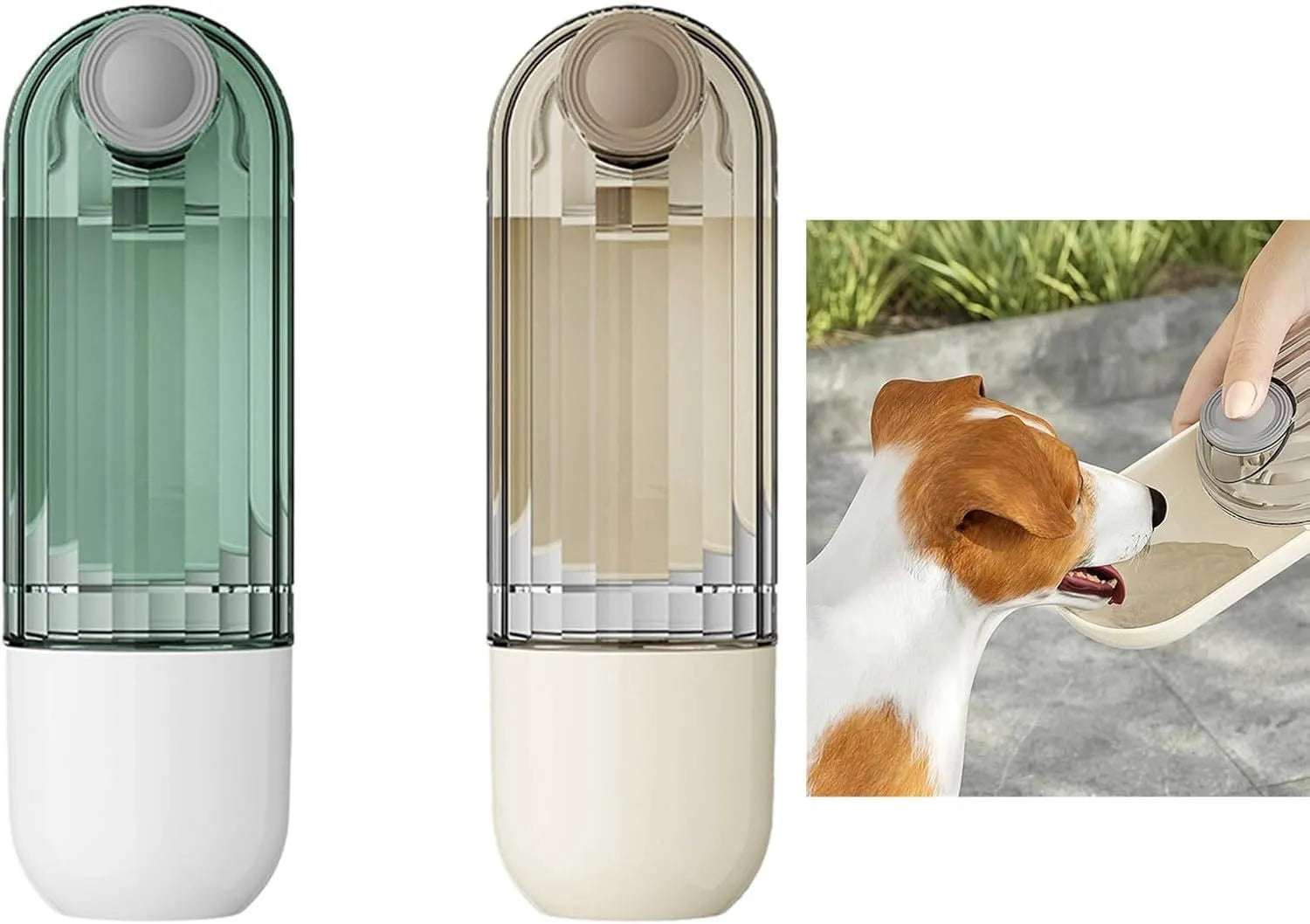 Beige foldable dog water bottle and food dispenser with press mechanism, shown next to a green version.