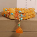 Three-layer jade bracelet with carved lotus seedpod pendant, Jinsi jade, women's retro style