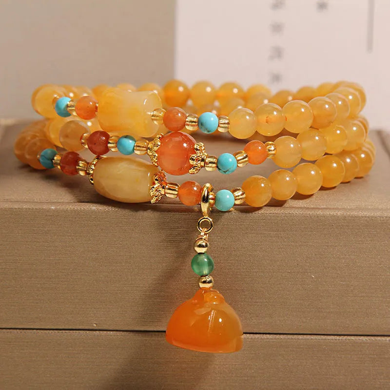 Three-layer jade bracelet with carved lotus seedpod pendant, Jinsi jade, women's retro style