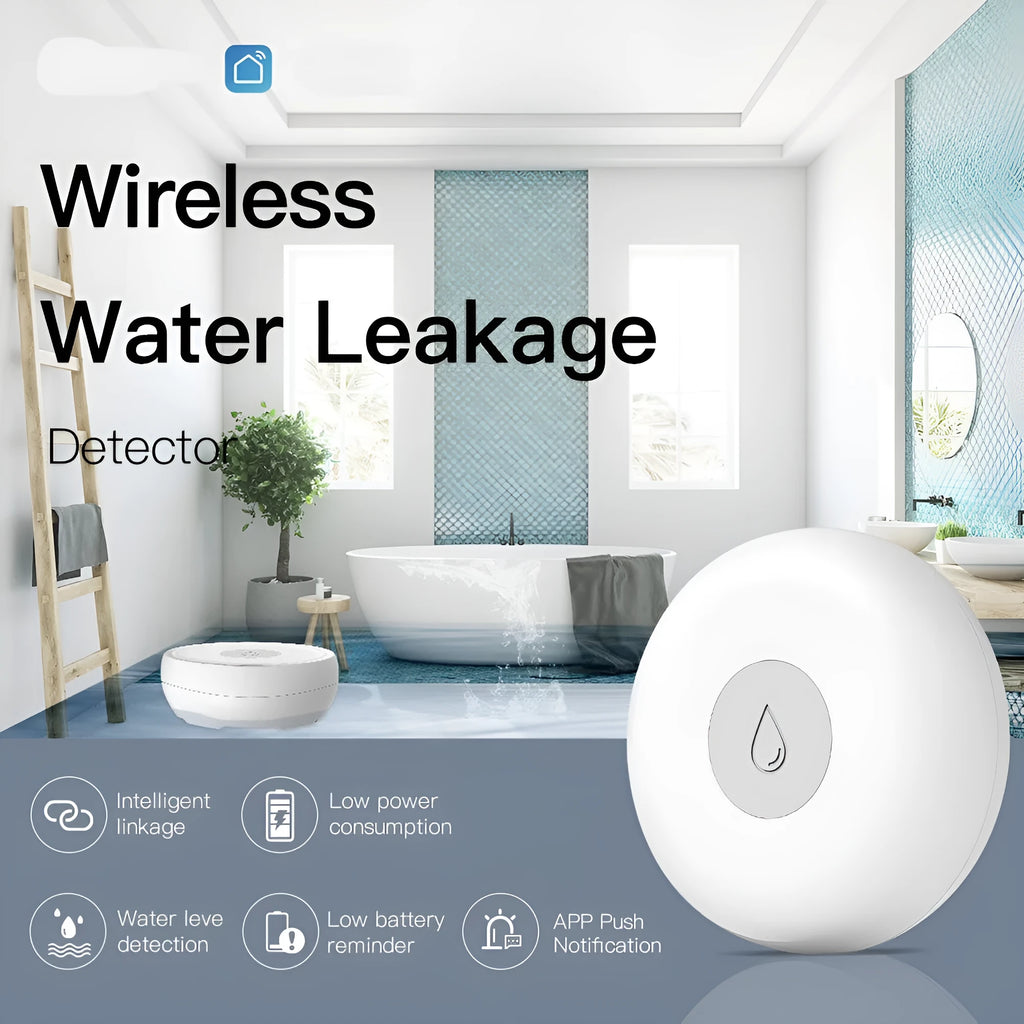 Smart wireless water leakage detection alarm sensor for home use with phone app notifications
