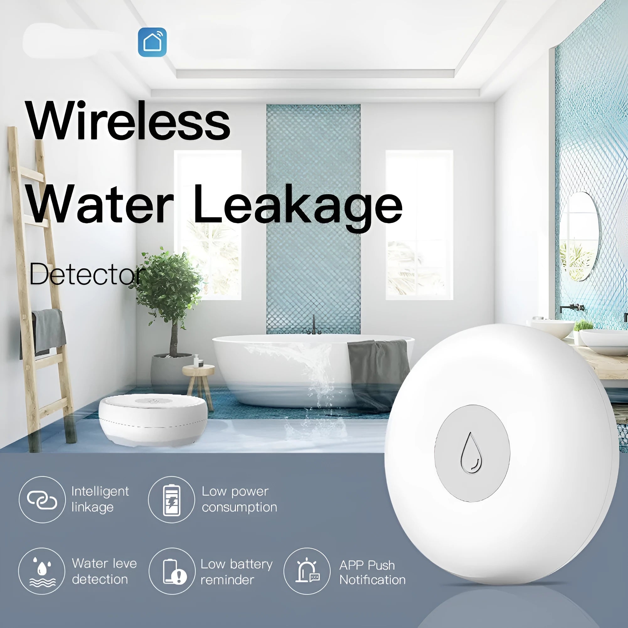 Smart wireless water leakage detection alarm sensor for home use with phone app notifications