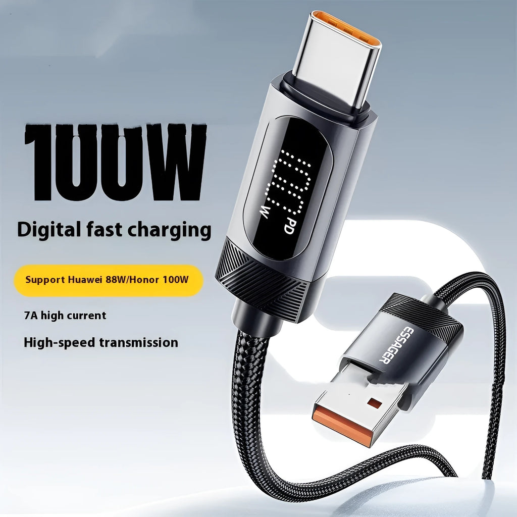 Silver grey aluminium alloy digital display data cable with Type-C connector and LED display showing charging status