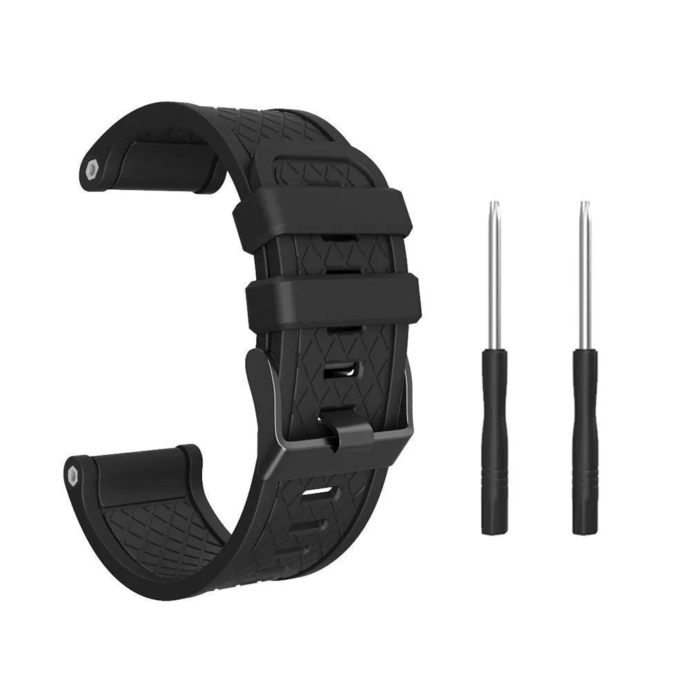 26mm wide black silicone watch strap with stainless steel buckle for Jiaming watches.