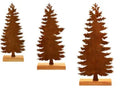 Set of three rusty metal Christmas ornaments featuring elk with antlers and trees, on a white background