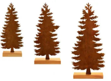 Set of three rusty metal Christmas ornaments featuring elk with antlers and trees, on a white background