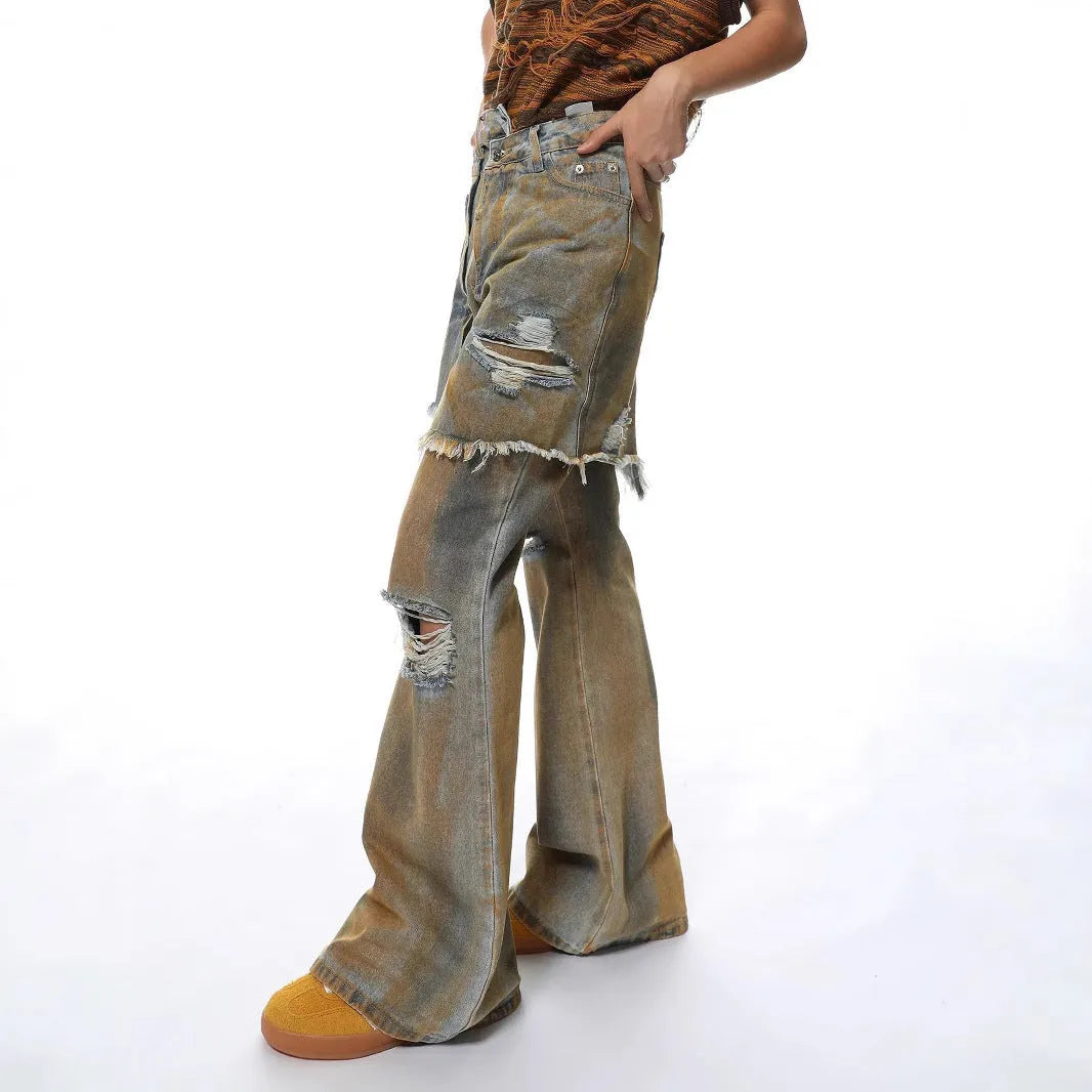 Loose fit bootcut jeans with high waist and button fly in micro-elastic cotton denim fabric