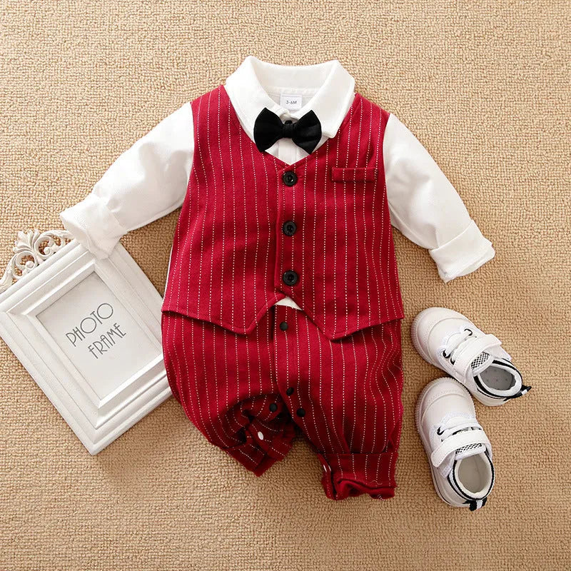 Baby boy gentleman jumpsuit in wine red with long sleeves and single-breasted closure