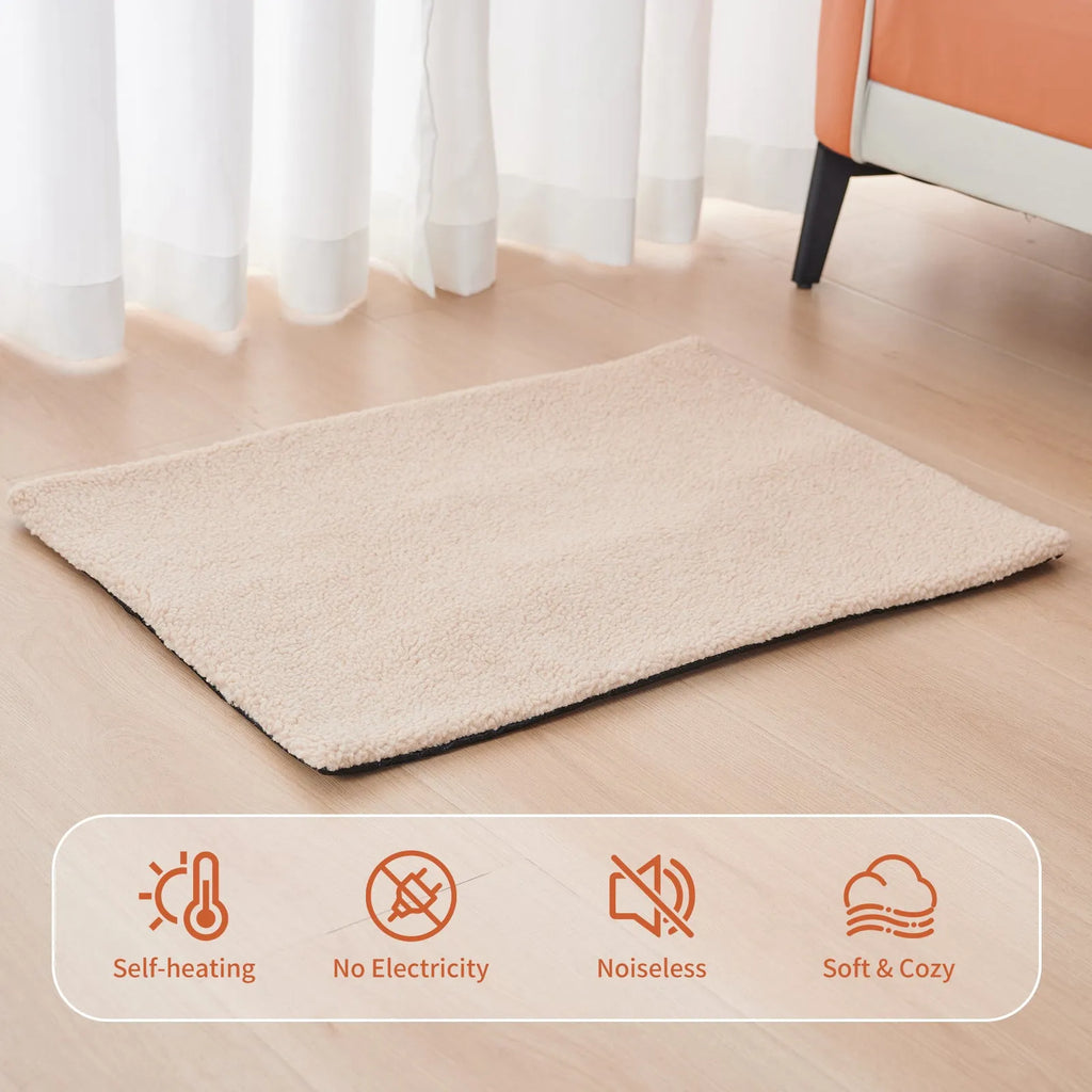 Grey self-heating plush pet pad for cats on a wooden floor